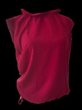 Red Sleeveless Blouse - Ruffle Neck, Tie Back & Hem, Size L